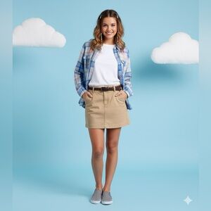 Bundle: Hollister Women’s Plaid Button Down Shirt‎ + Khaki Mini Skirt Size 0
